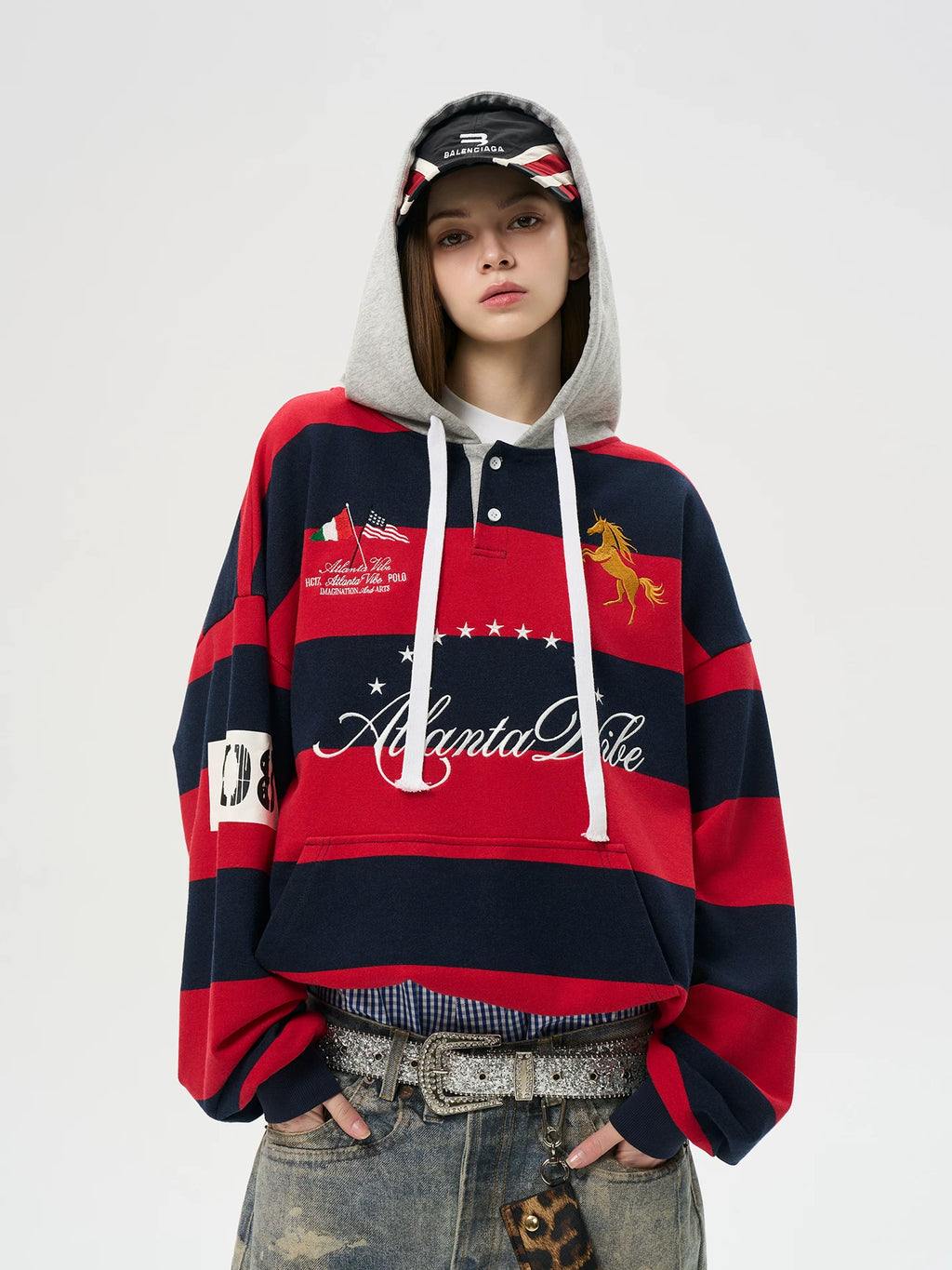 HACR Striped Stitched Embroidered Hooded Sweater