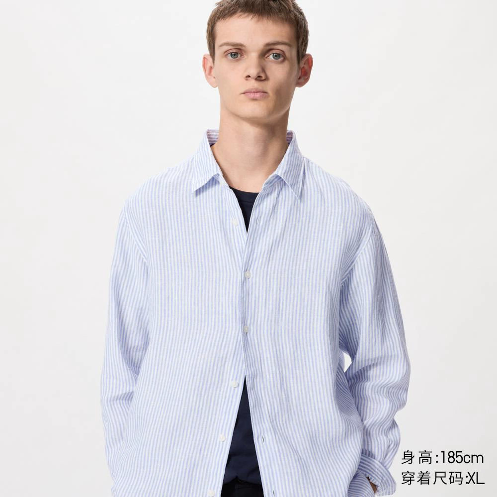 Uniqlo Men's Clothing Women's French Hemp Striped Shirt/Long Sleeve Shirt Casual 25 Spring and Summer New 474509