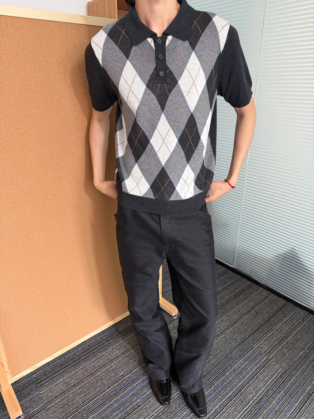 MANUSCRIPT Casual Front Shoulder Plaid Lapel Tee