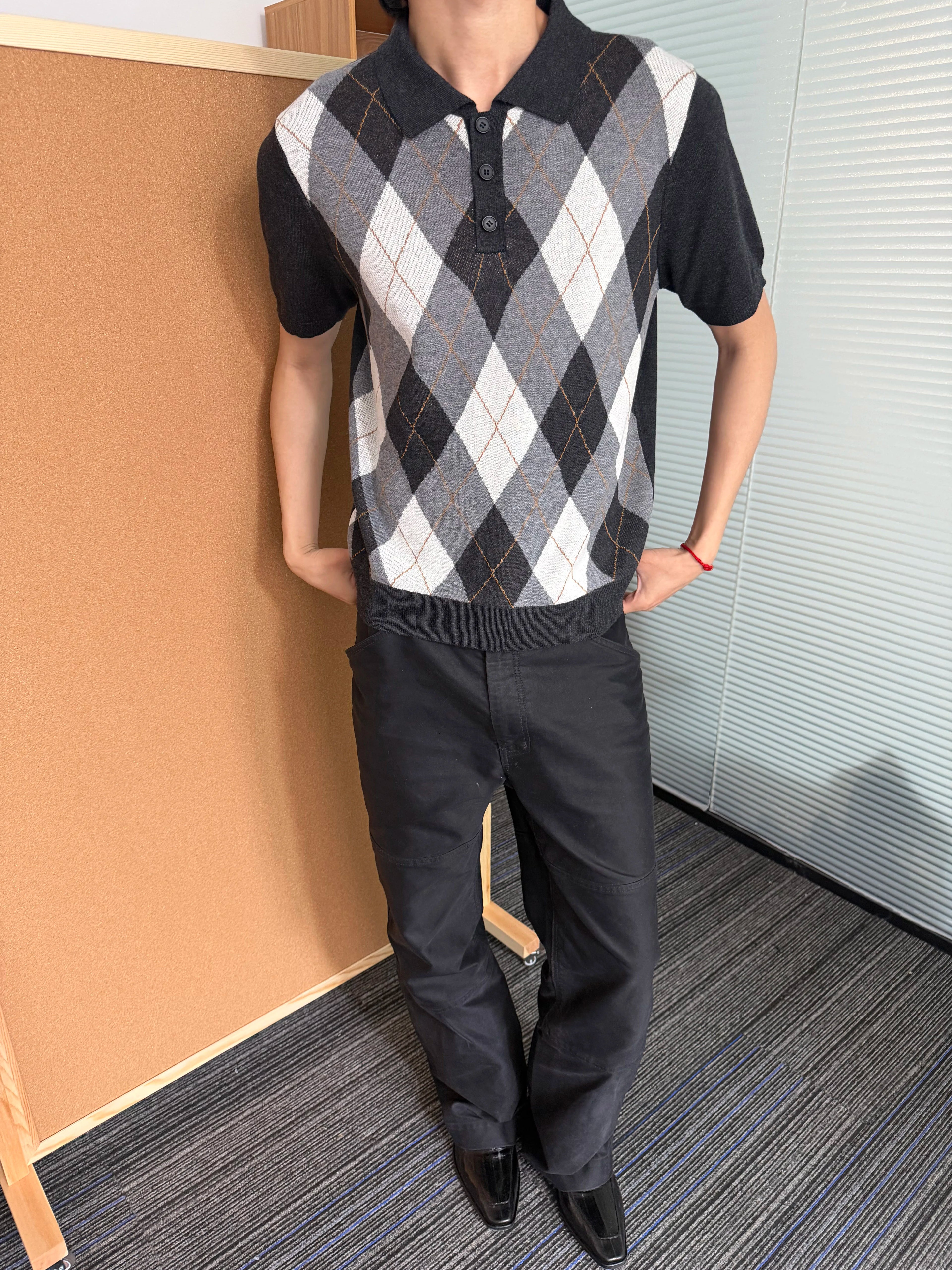 MANUSCRIPT Casual Front Shoulder Plaid Lapel Tee