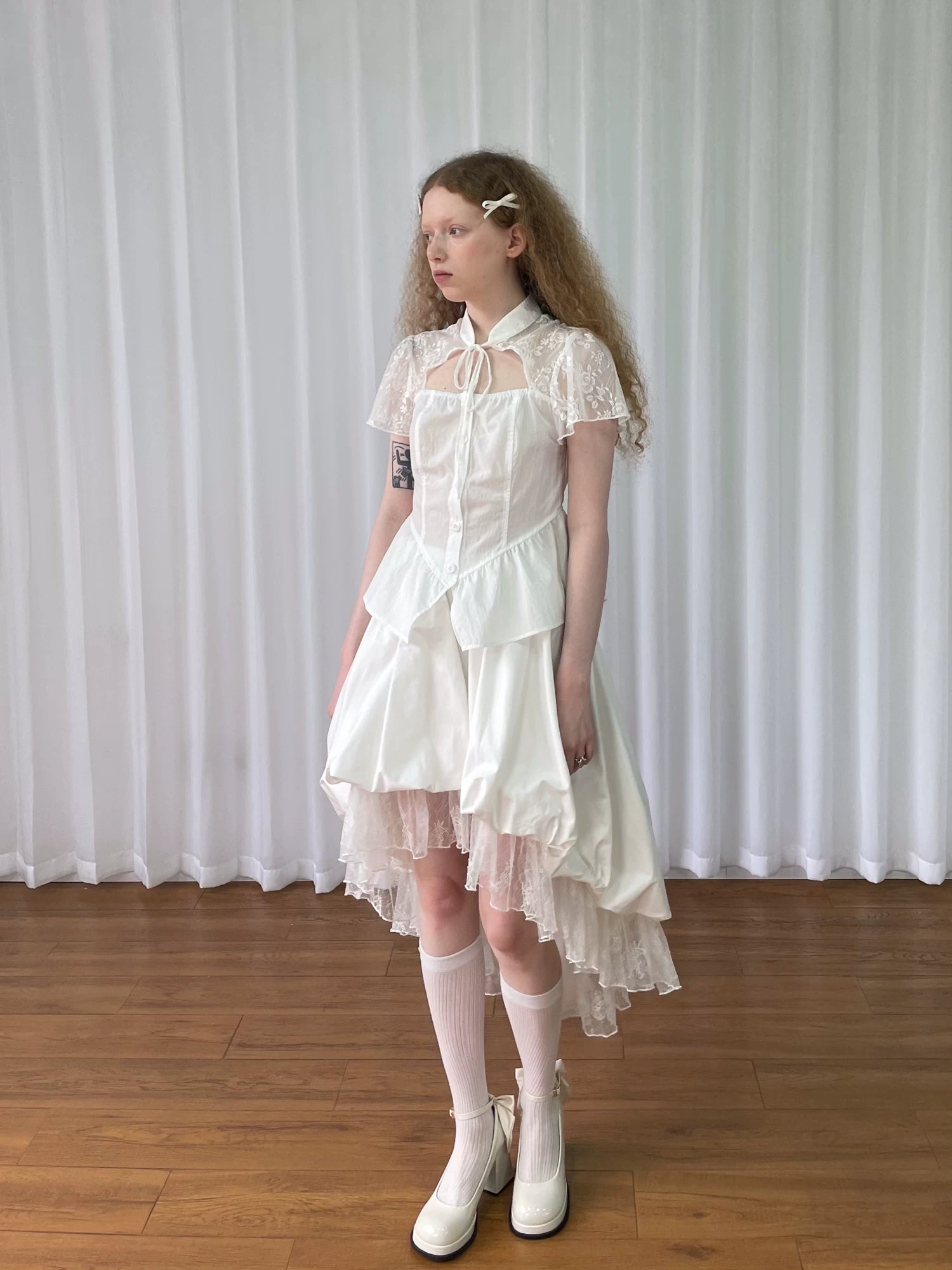 Loosesmell Jacquard Lace Stitched Short Sleeve Shirt
