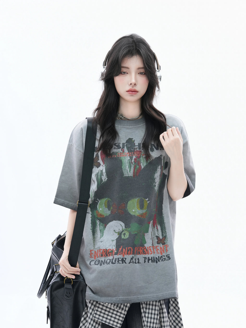 Zuocisankon Oversize Cute Cat Graffiti Print Tee