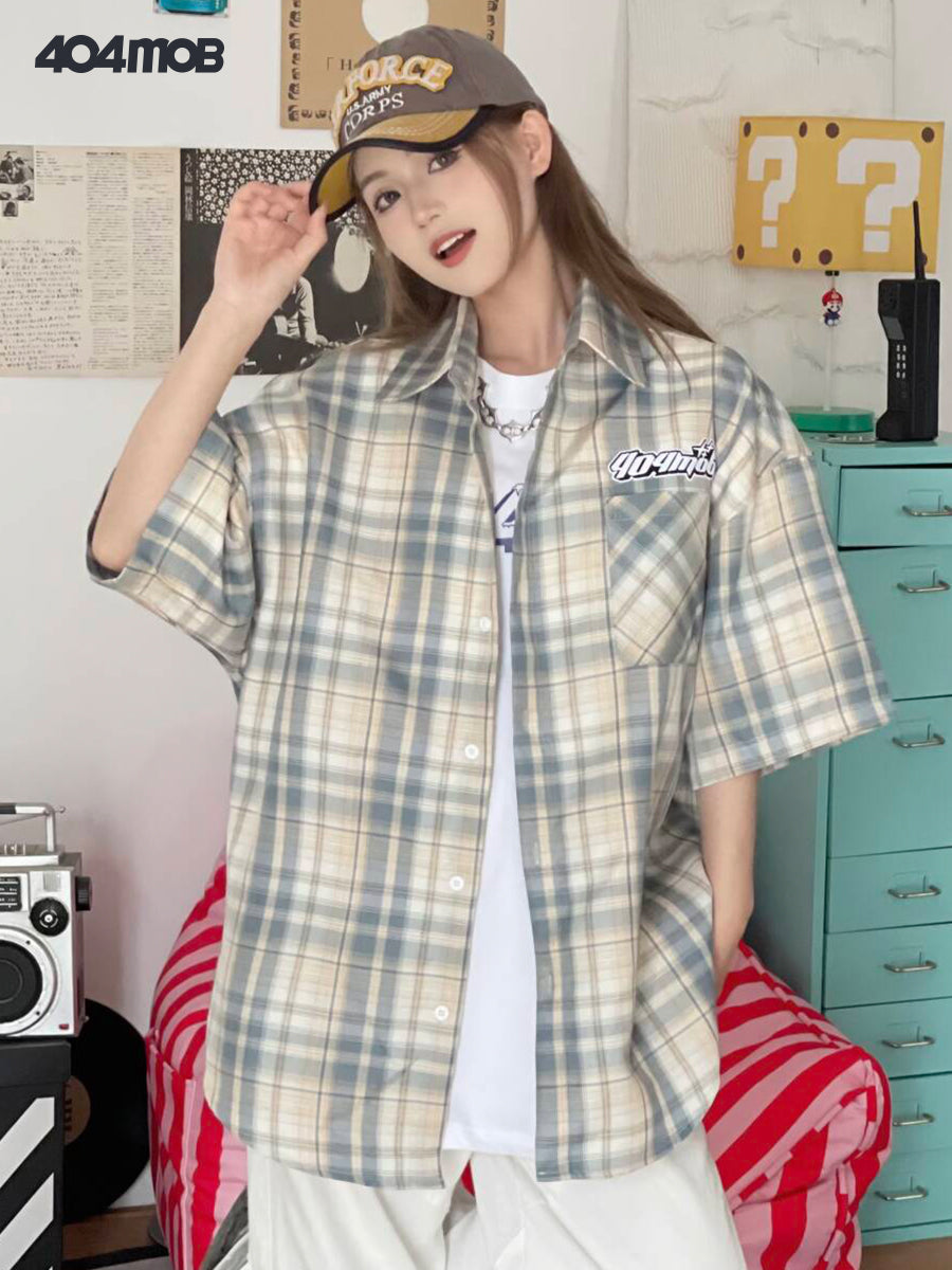 404MOB Multi-color Plaid JK Textured Lapel Embroidered Short Sleeve Shirt