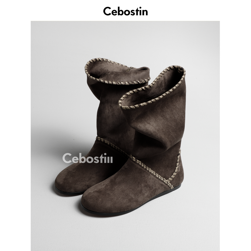 Cebostin Anti-fleece Leather Retro Flat-bottomed High Boots