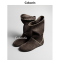 Cebostin Anti-fleece Leather Retro Flat-bottomed High Boots