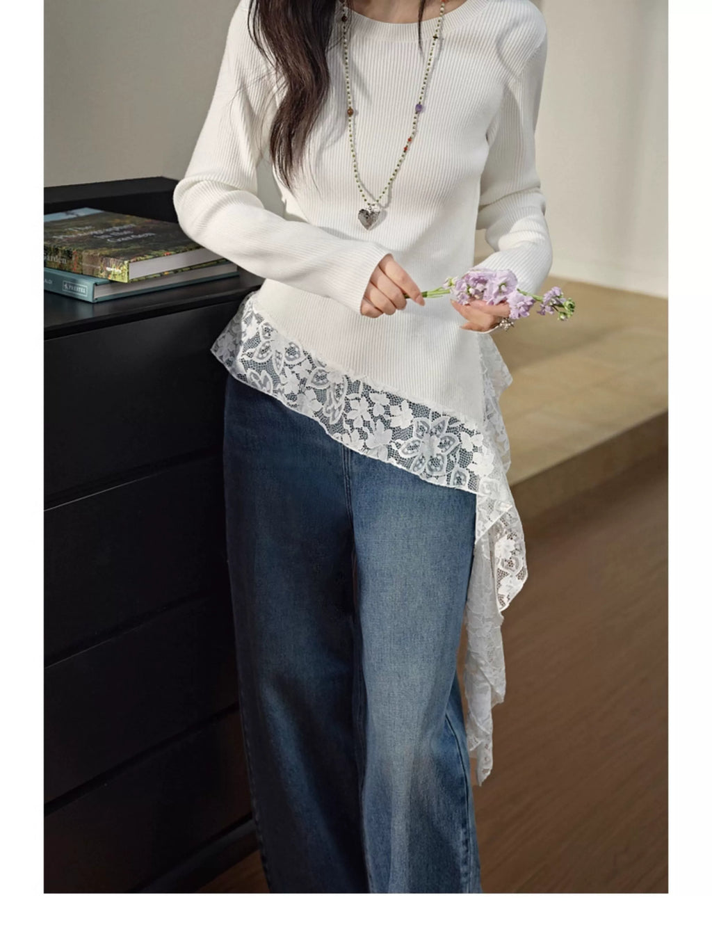 Kuose Irregular Lace Temperament Bottomed Knitted Sweater