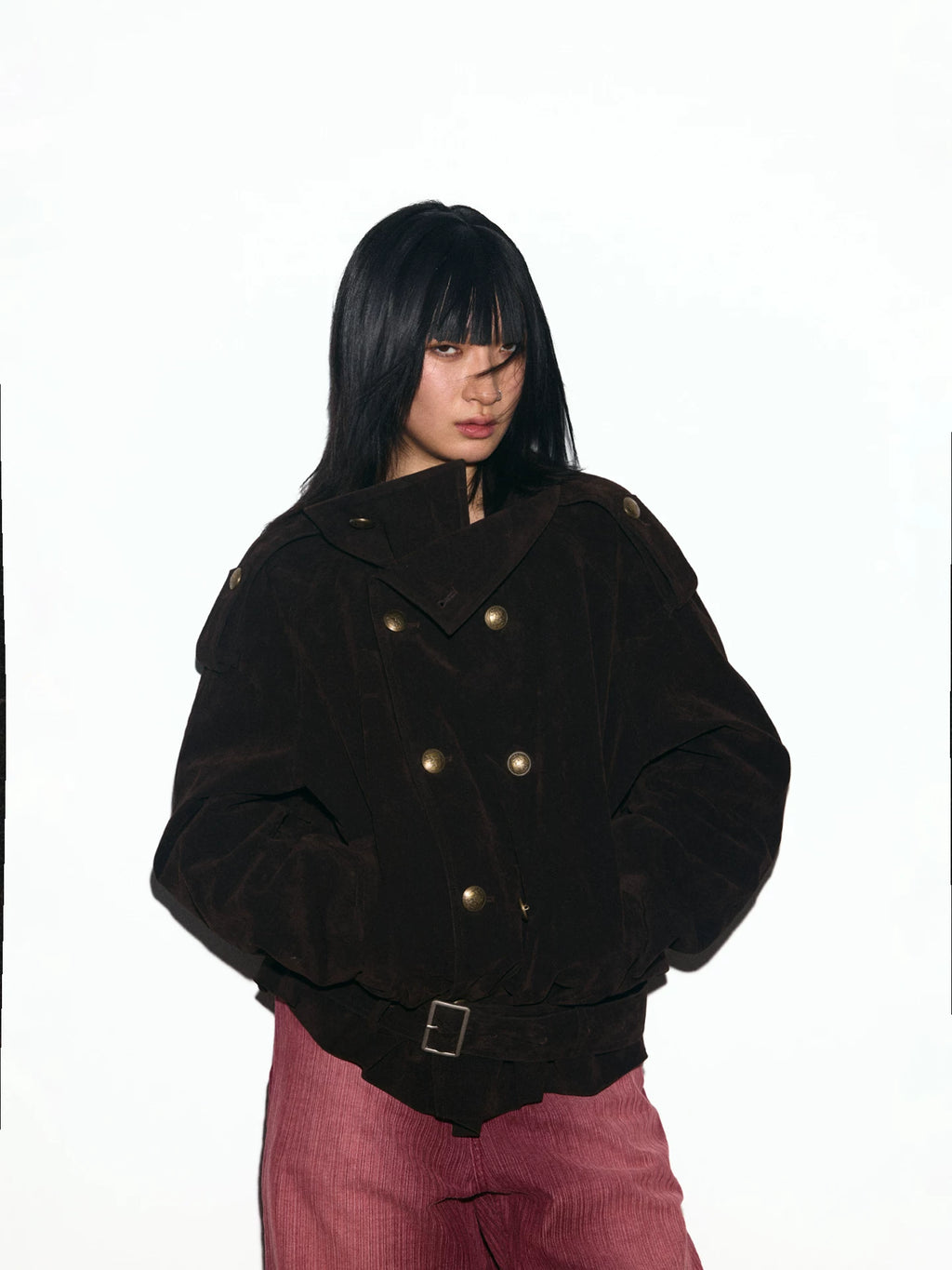 TREclub Padded Lapel Waist Double-breasted Trench Coat