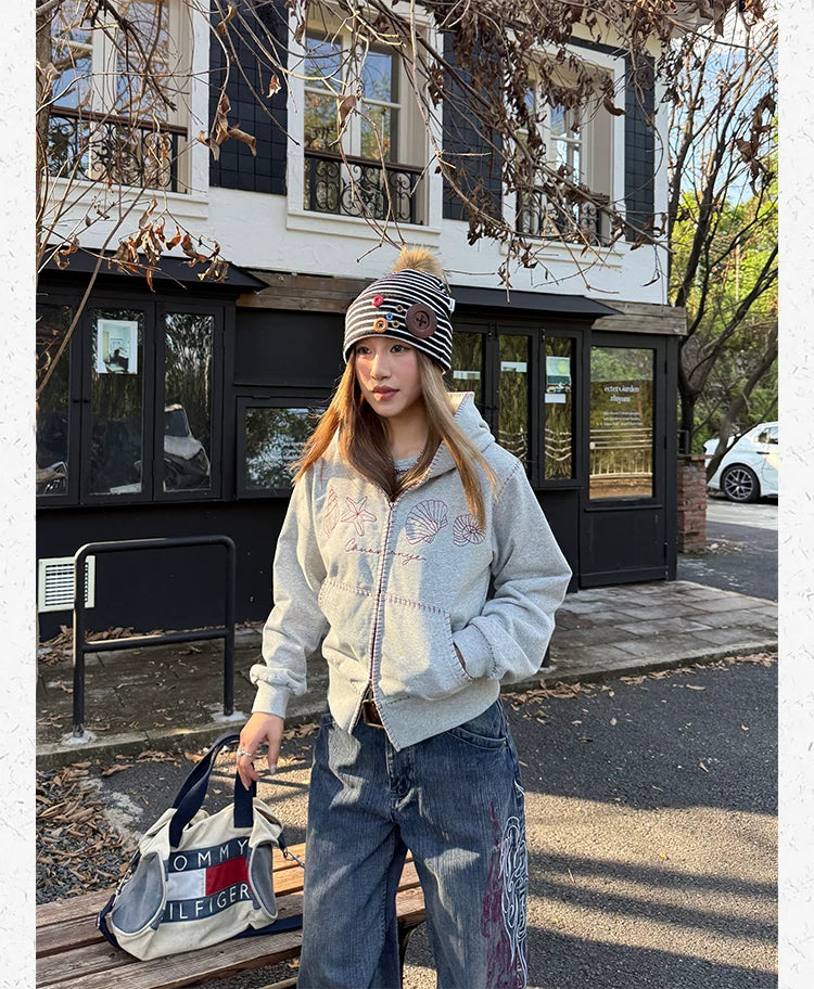CCYE Vintage Front Shoulder Hooded Embroidered Sweater Jacket