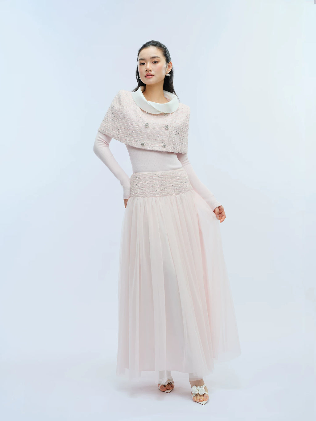 J TheChosen Satin Stand-Up Collar Shawl Mesh Skirt Set