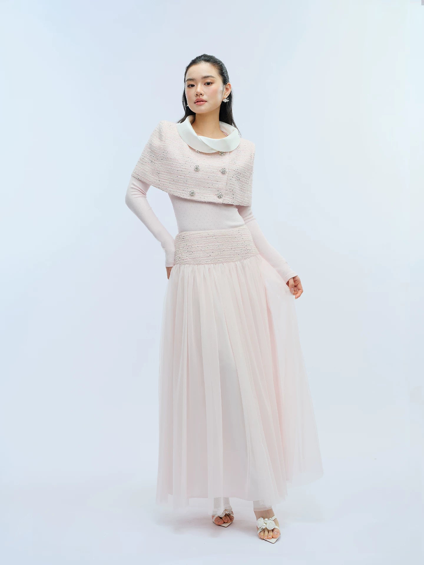 J TheChosen Satin Stand-Up Collar Shawl Mesh Skirt Set
