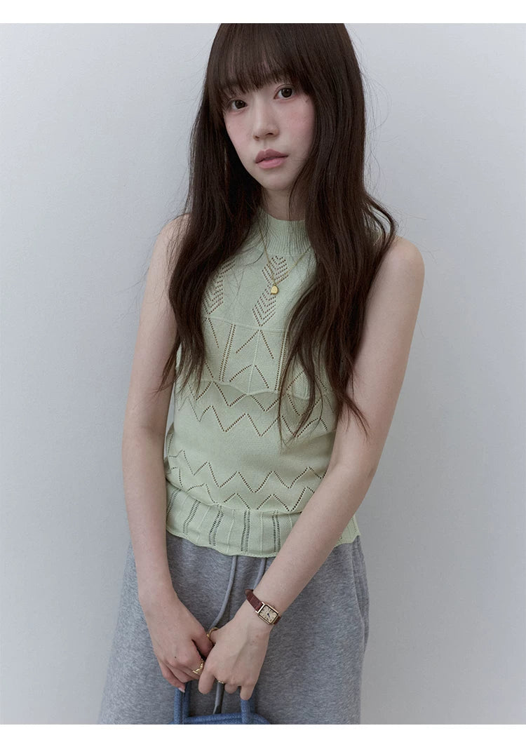 VOOE Crew Neck Hollow Jacquard Knitted Skinny Vest