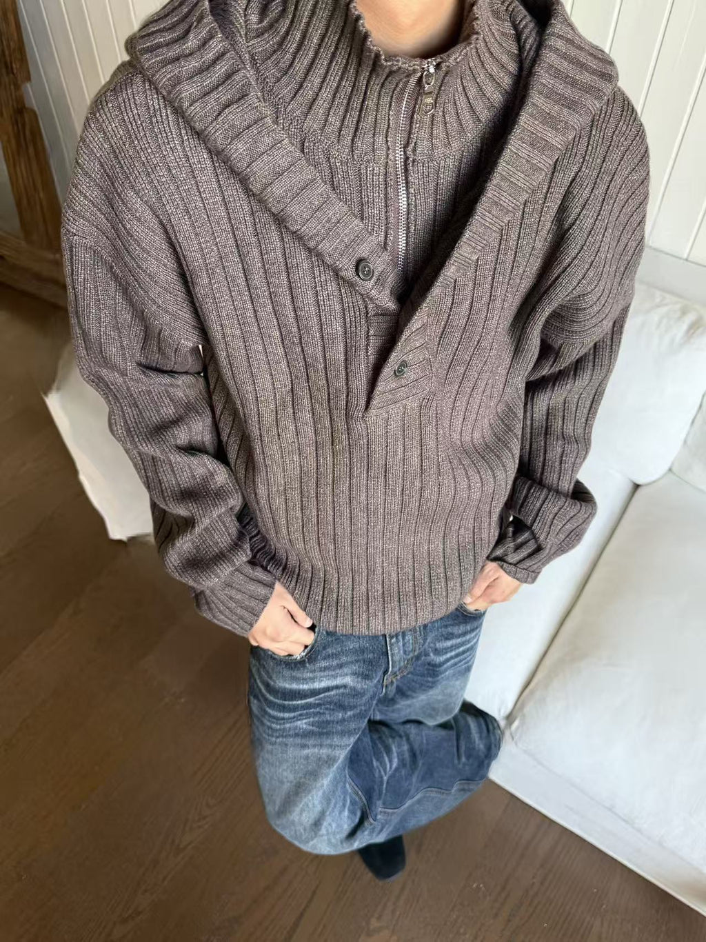 EME Fake Two-piece Stand-up Neck Hooded Thickened Knitted Sweater Jacket