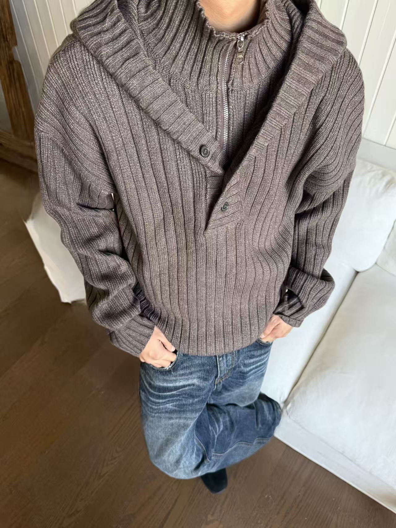 EME Fake Two-piece Stand-up Neck Hooded Thickened Knitted Sweater Jacket