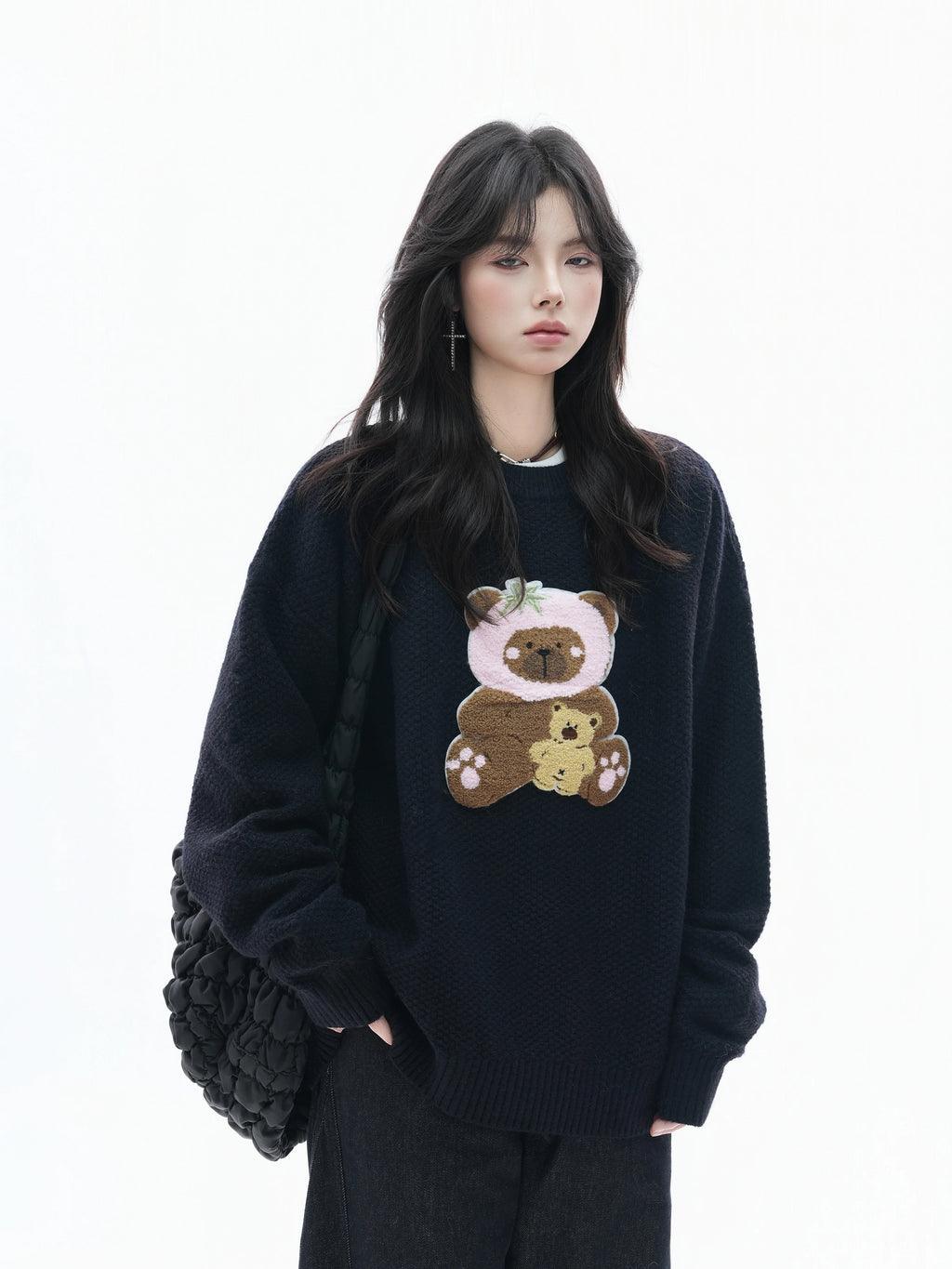 Zuocisankon Slack Soft Waxy Towel Embroidered Bear Sweater