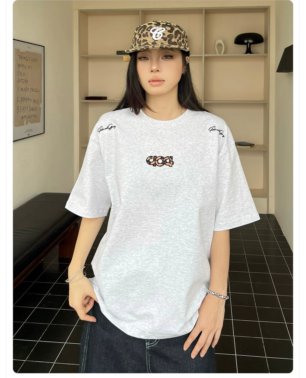 404MOB Leopard Print Alphabet Embroidered Round Neck Versatile Tee