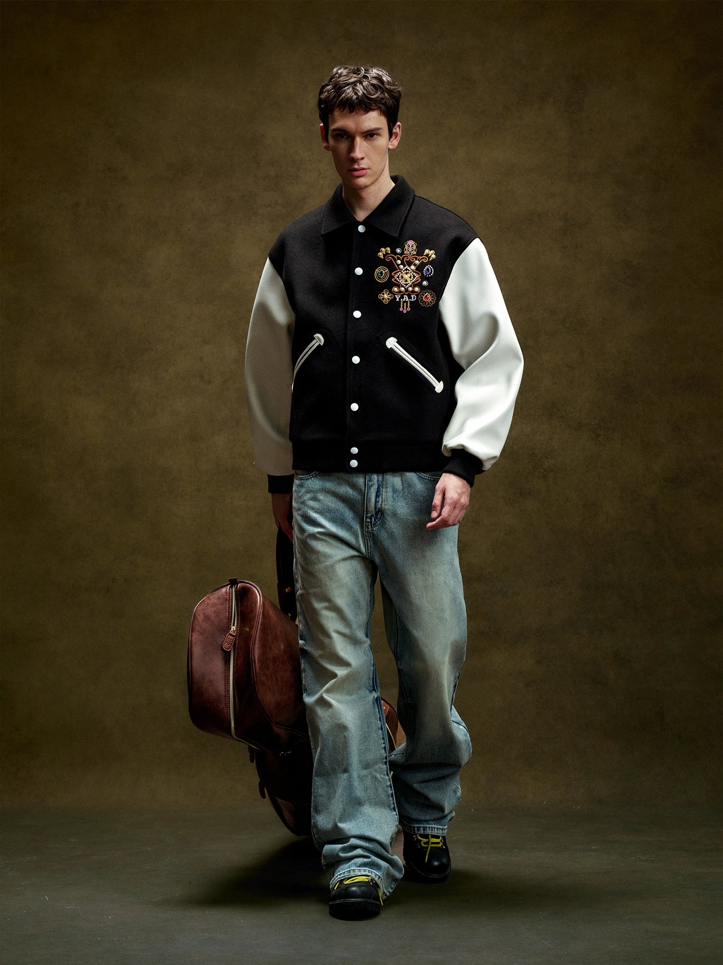 YADcrew Vintage Colorful Jewel Cross Lapel Baseball Jacket