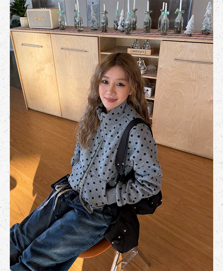 CCYE Front Shoulder Polka Dot Stand-up Sweater Jacket