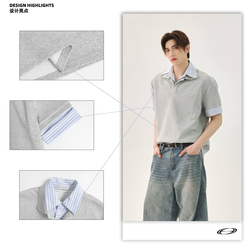 TURNTIDE Spliced Striped Loose Casual Versatile Short-sleeved POLO Shirt