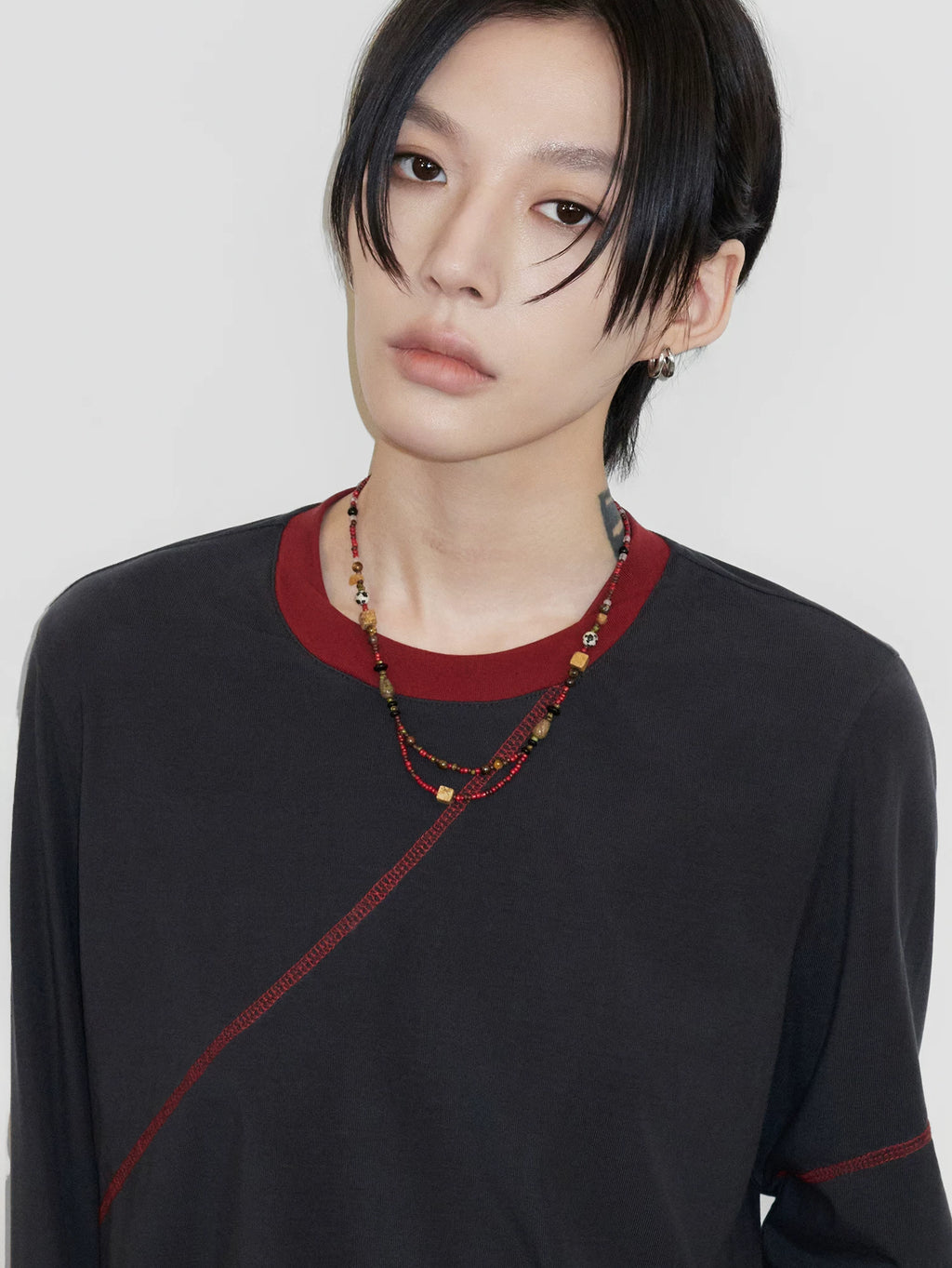 Sameuoo Fake Two Pieces Crew Neck Long Sleeve