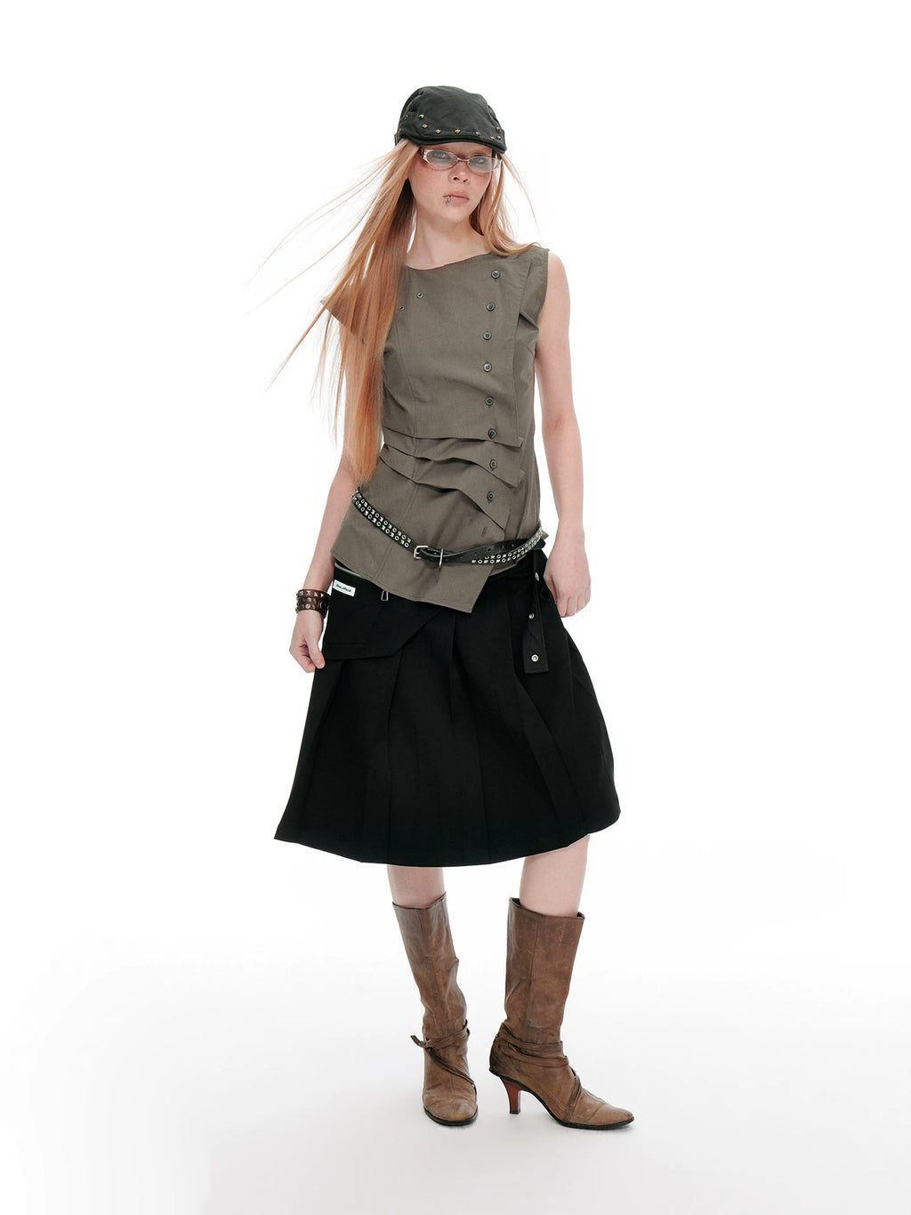 JIKOO Diagonal-breasted Waist-pleated Sleeveless Shirt
