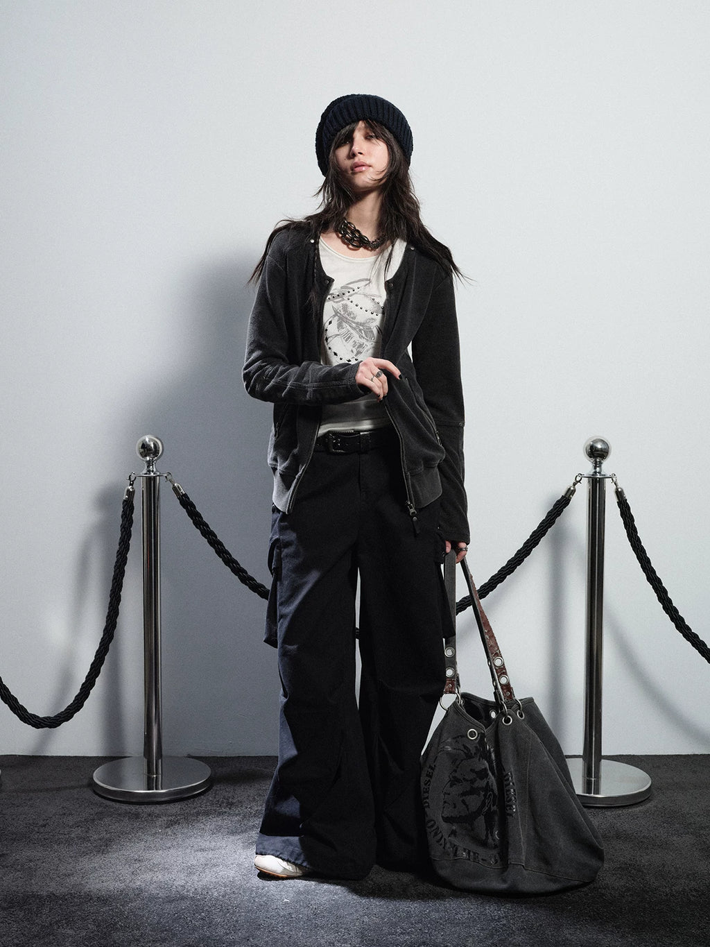 WearAndtear Loose Rivet Crew Neck Sweater Jacket