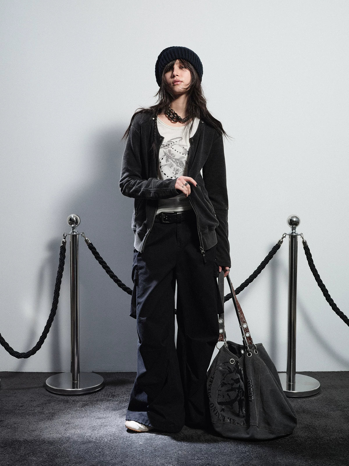 WearAndtear Loose Rivet Crew Neck Sweater Jacket