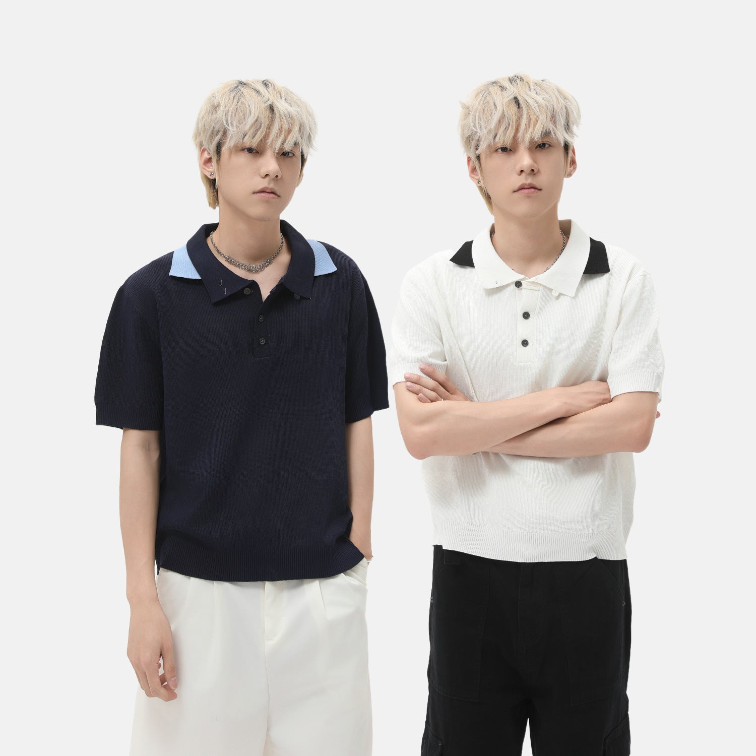 MTLCLOTHES Vintage Spliced Double Neck Knitted Tee