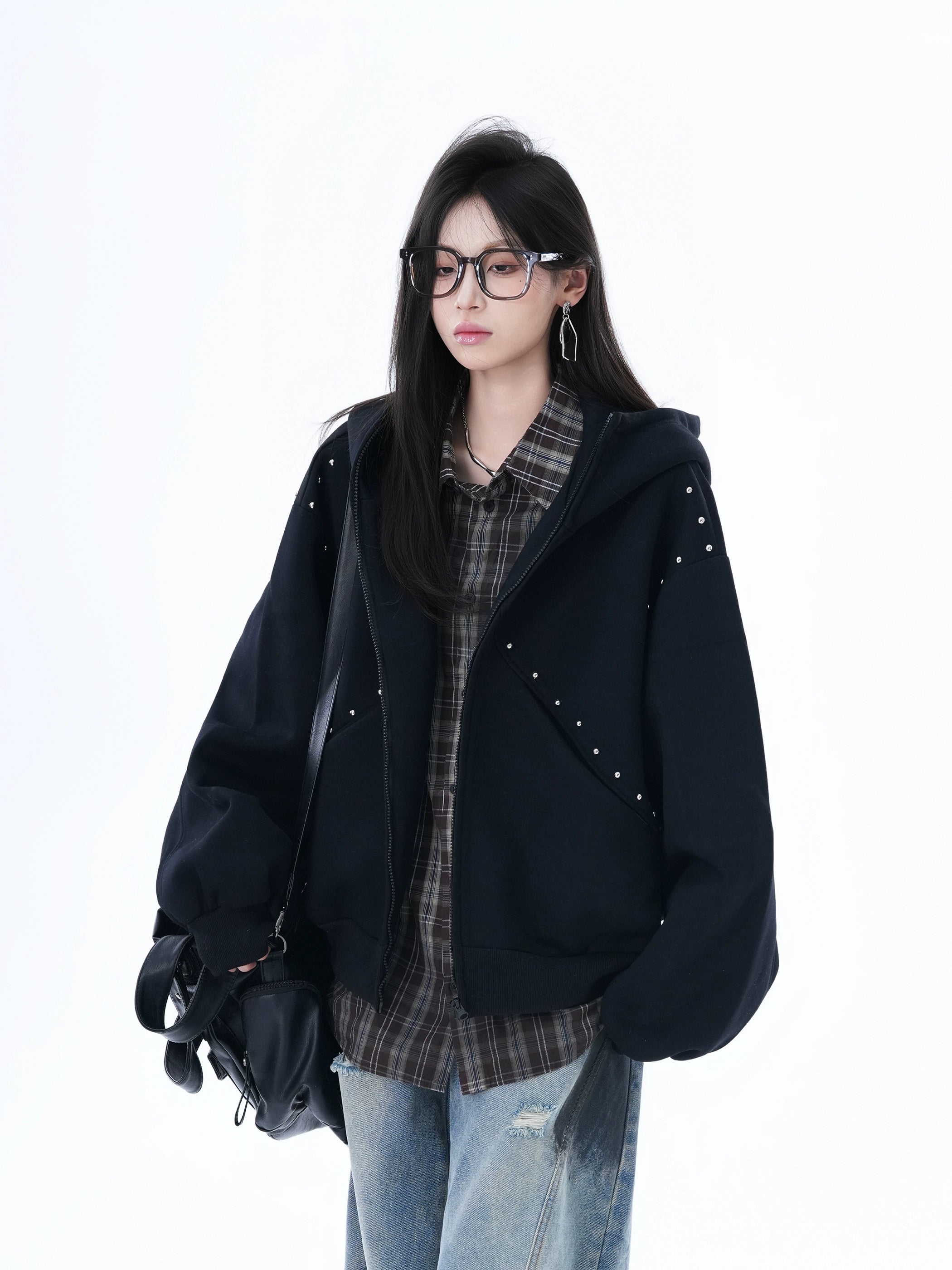 Zuocisankon Dog Ears Rivet Zip Cardigan Sweater