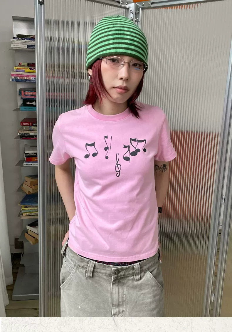 MMBBT Music Note Print Short Round Neck Front Shoulder Tee