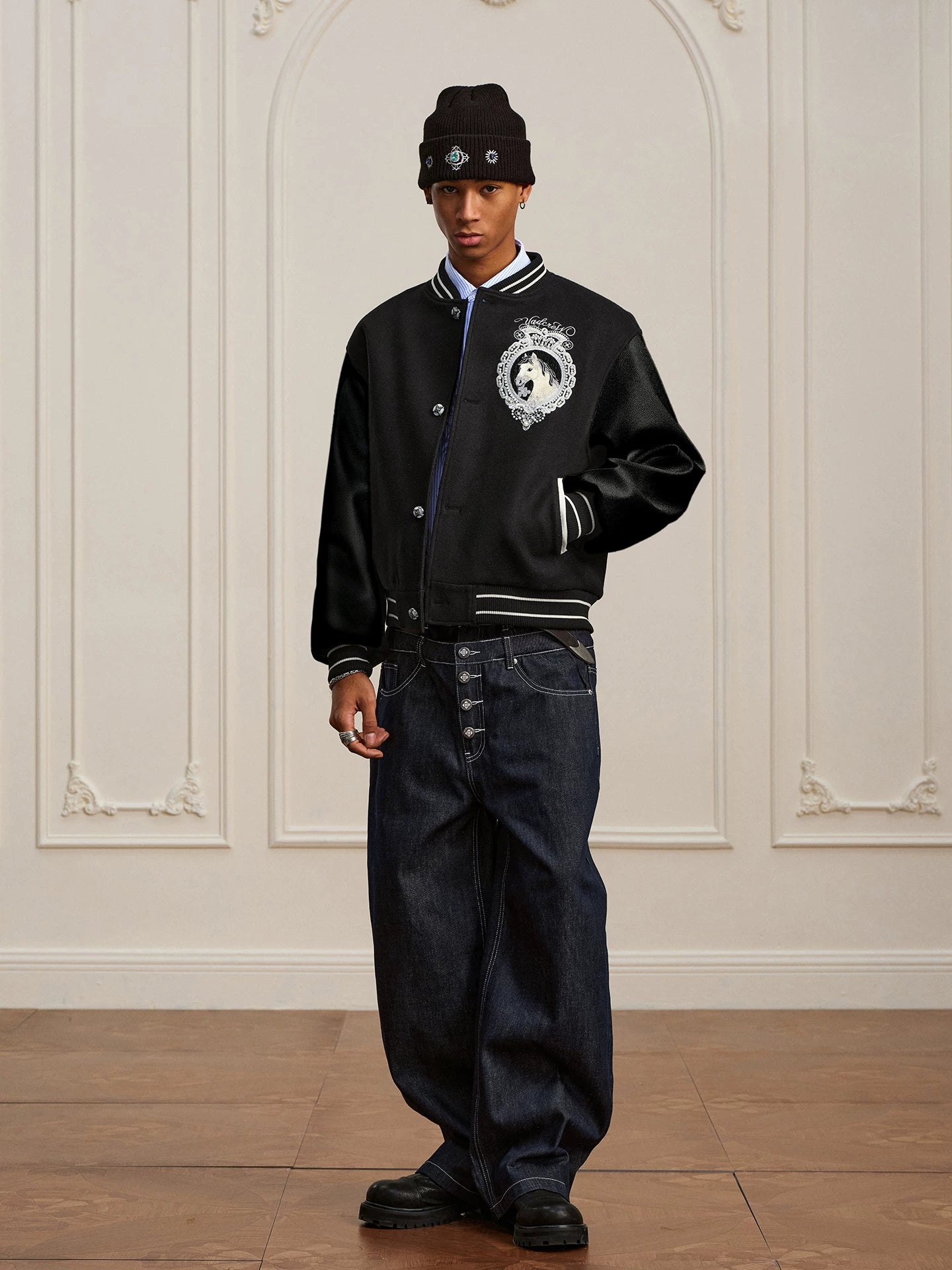 YADcrew Retro Vintage Black Wash Heavy Double Waist Micro Pull Jeans