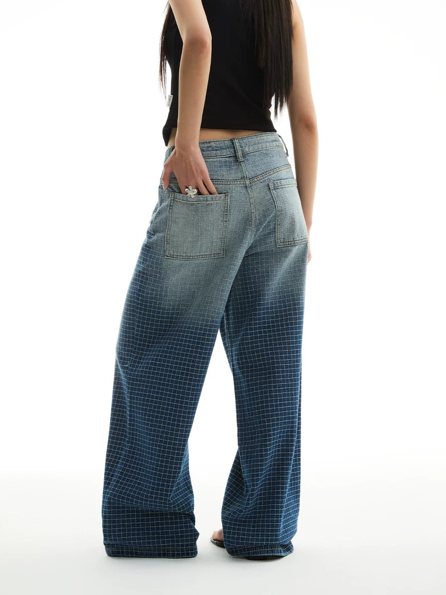 FUNKYFUN Embroidered Plaid Loose Gradual Change Straight Jeans