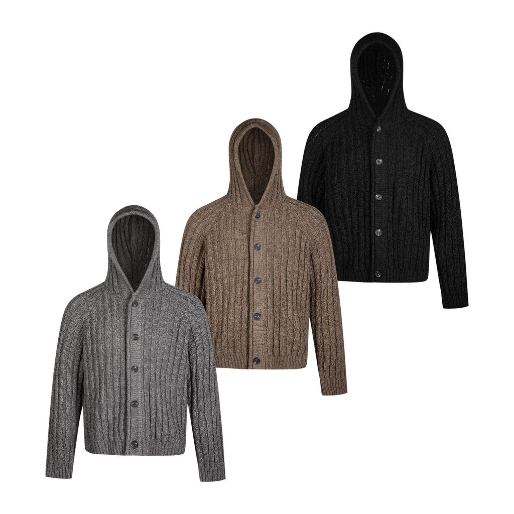 EME Thick Strip Pit Knit Ribbed Hooded Sweater Jacket