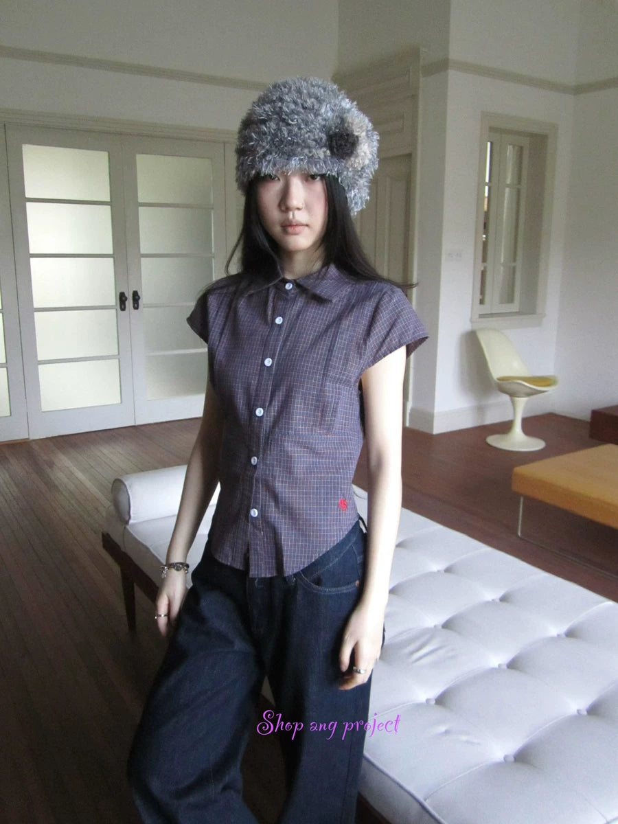 Ang:project Vintage Plaid Waist Pressed Pleated Embroidery Short Tee
