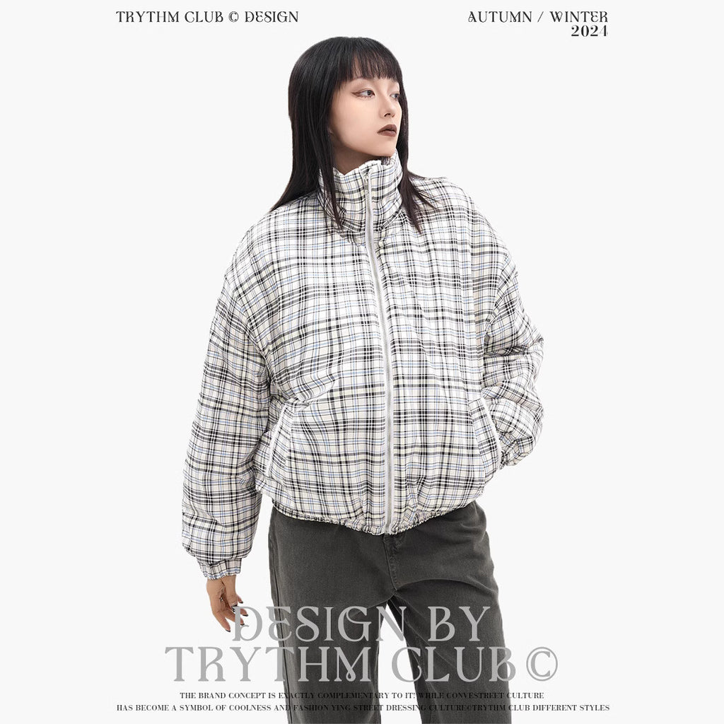 TRYTHMCLU Vintage Plaid Stand-Up Collar Cotton Suit