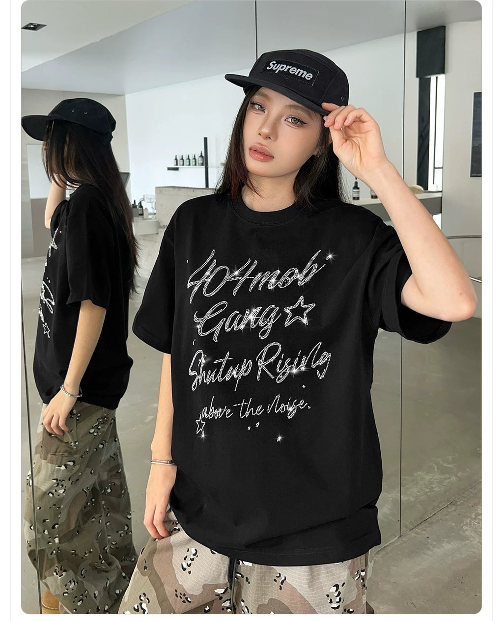 404MOB Letter Hot Diamond Round Neck Loose Tee