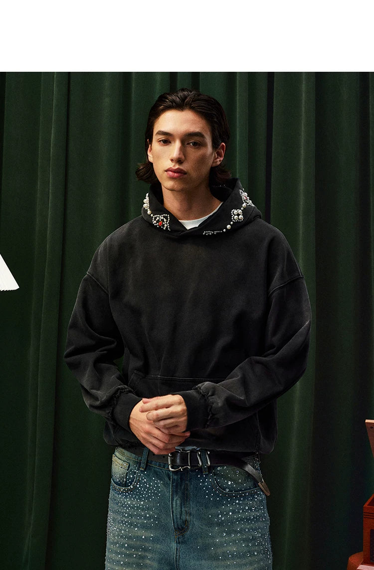 YADcrew Beaded Embroidered Loose Casual Hooded Sweater