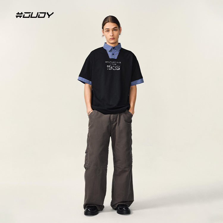 OVDY Retro Loose Contrasting Color Lapel Polo Shirt