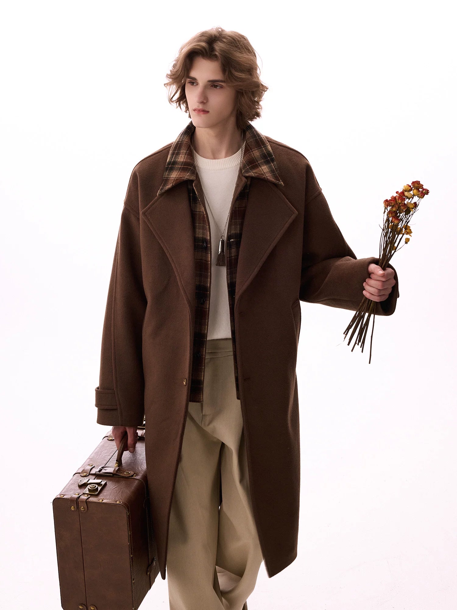 CHOR Casual Plaid Stitching Fake Two-piece Woolen Jacket