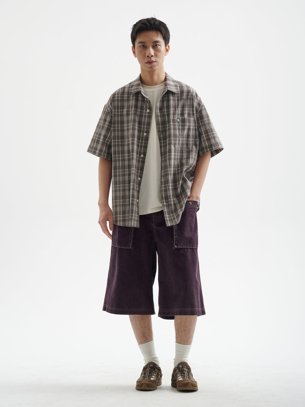 BUTTBILL 25SS Irregular bag plaid short-sleeved shirt