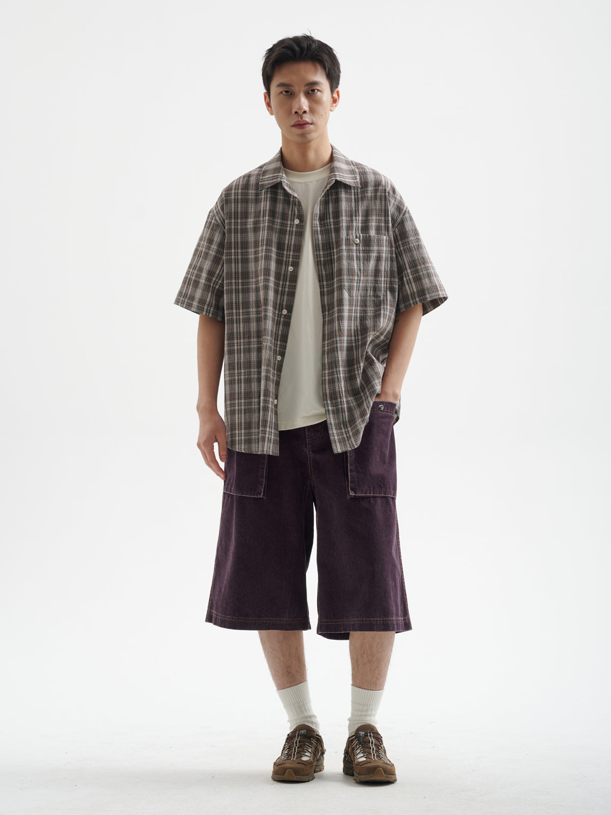 BUTTBILL 25SS Irregular bag plaid short-sleeved shirt
