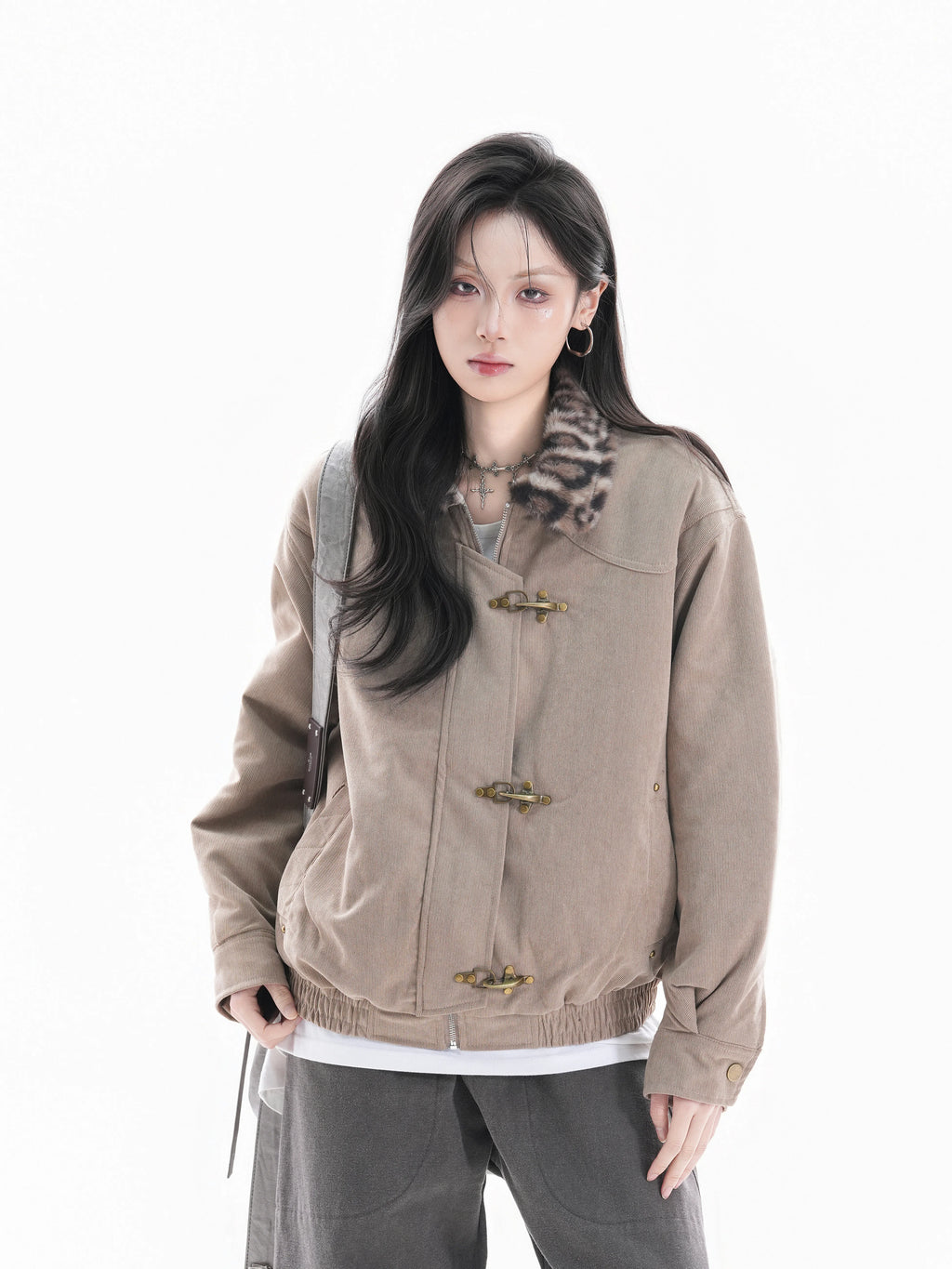 Zuocisankon Vintage Leopard Print Fur Collar Jacket