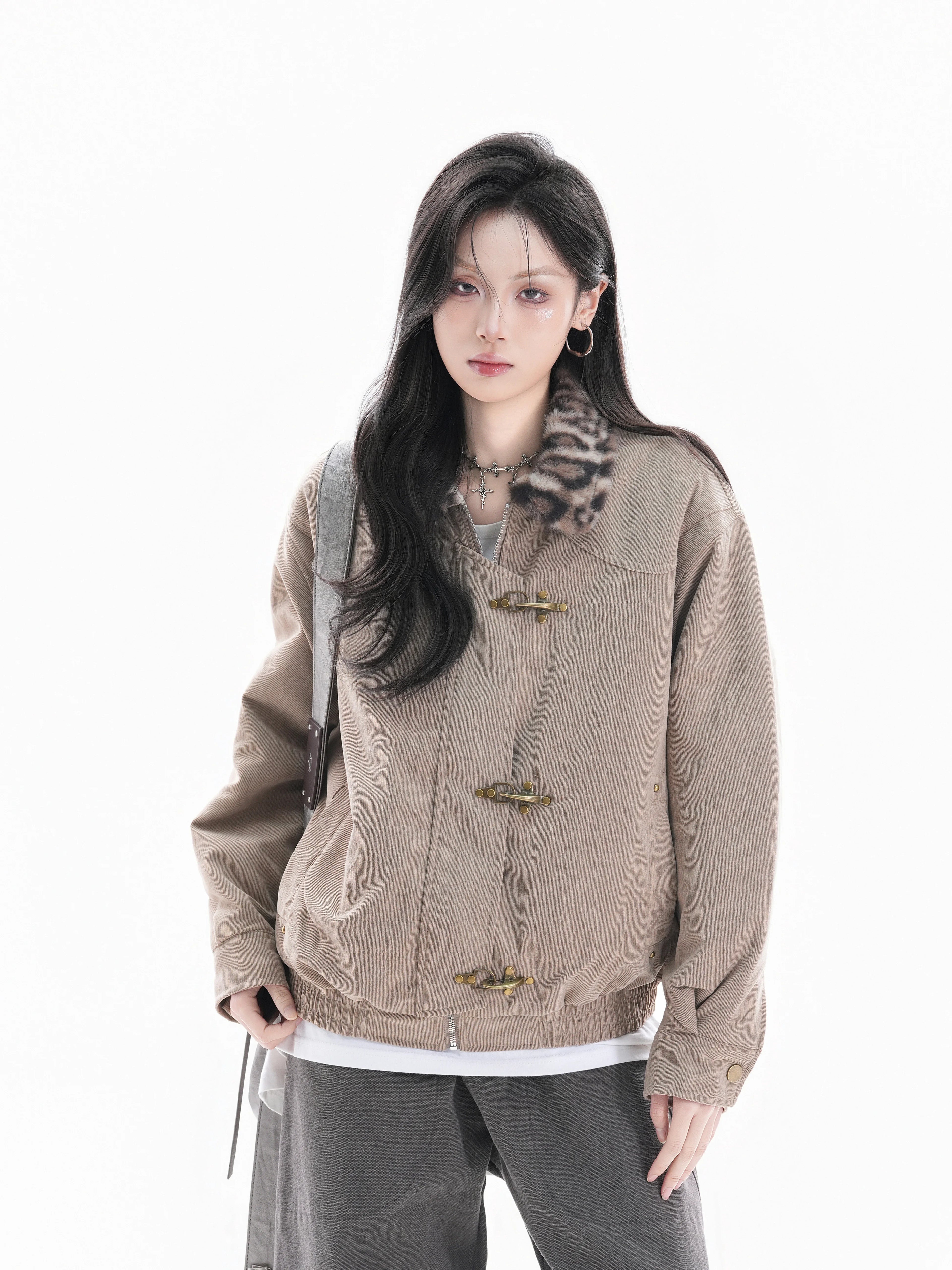 Zuocisankon Vintage Leopard Print Fur Collar Jacket