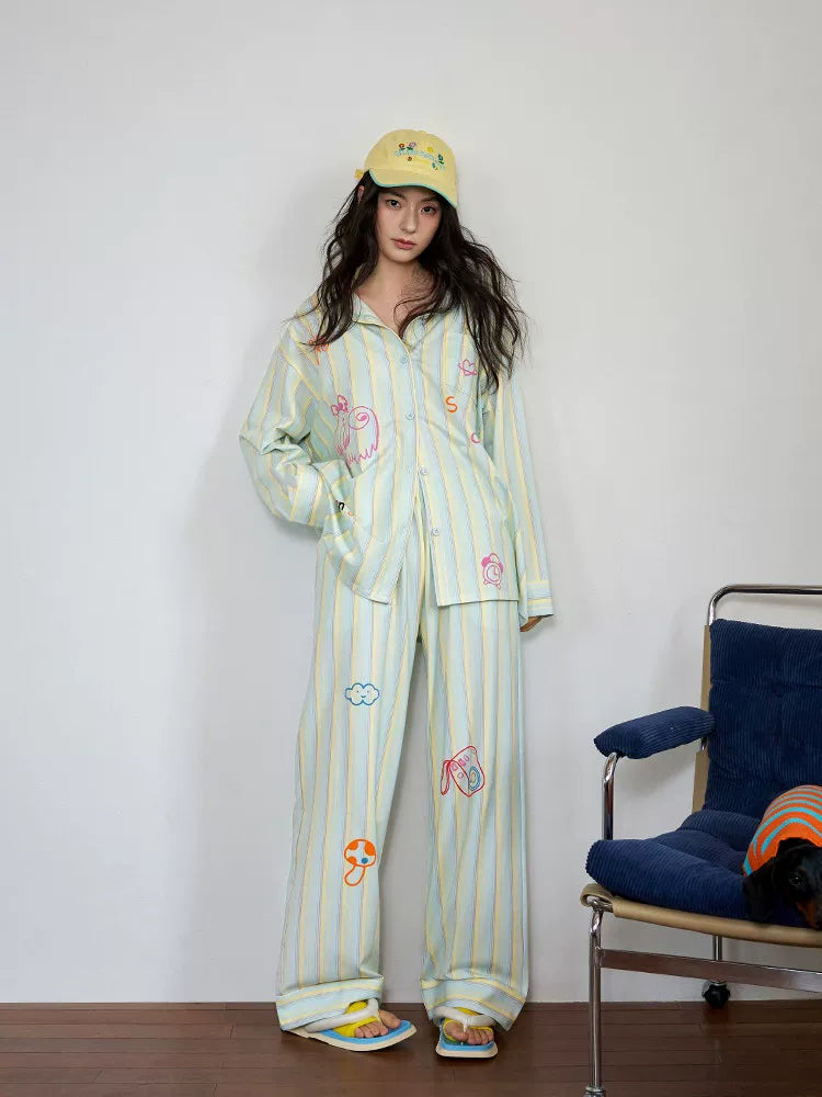 YUENEI Striped Dopamine Cardigan Pajamas