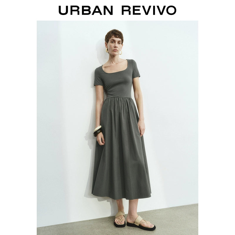 URBAN REVIVO Simple Stitching Slim-fitting Short-sleeved Dress