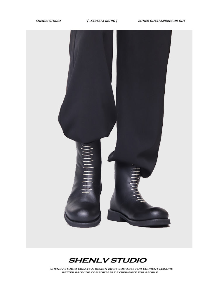 SHENLV StuIO Round Head Chelsea High-top Leather Shoes