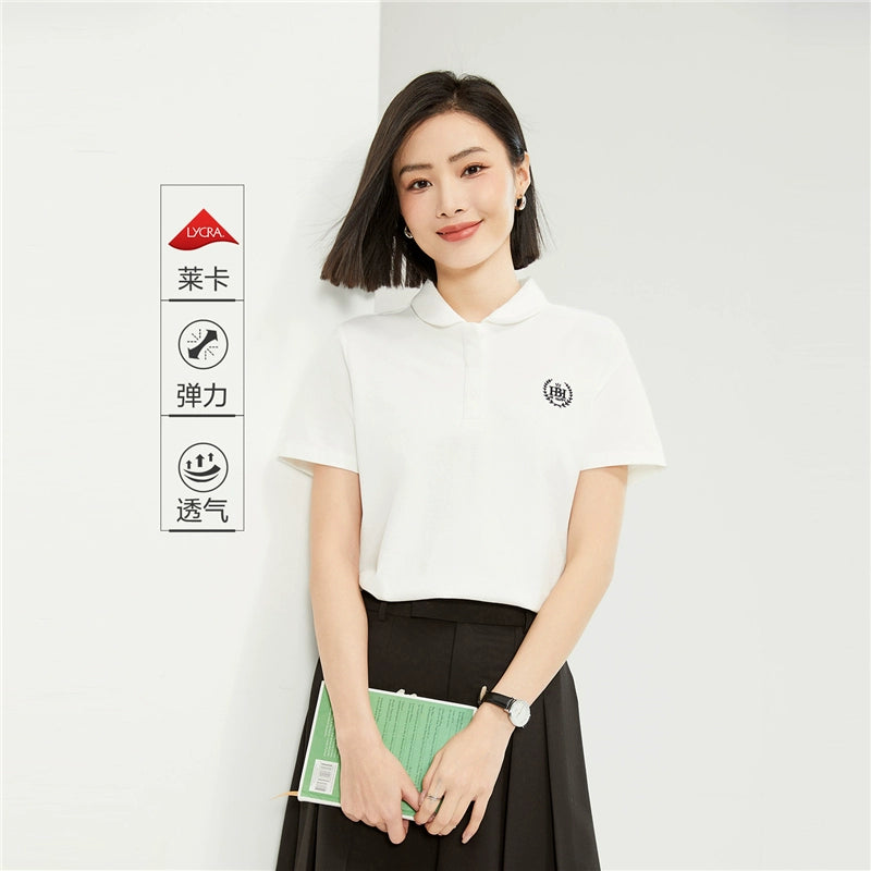 Giordano Small Embroidery Lycra Pearl Doll Collar Lapel Tee