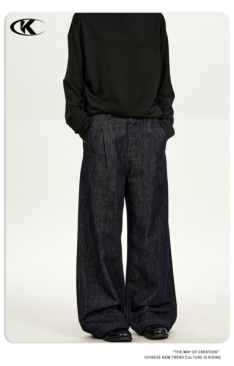 11KN Retro Simple Straight Double Pleated Loose Wide-leg Pants
