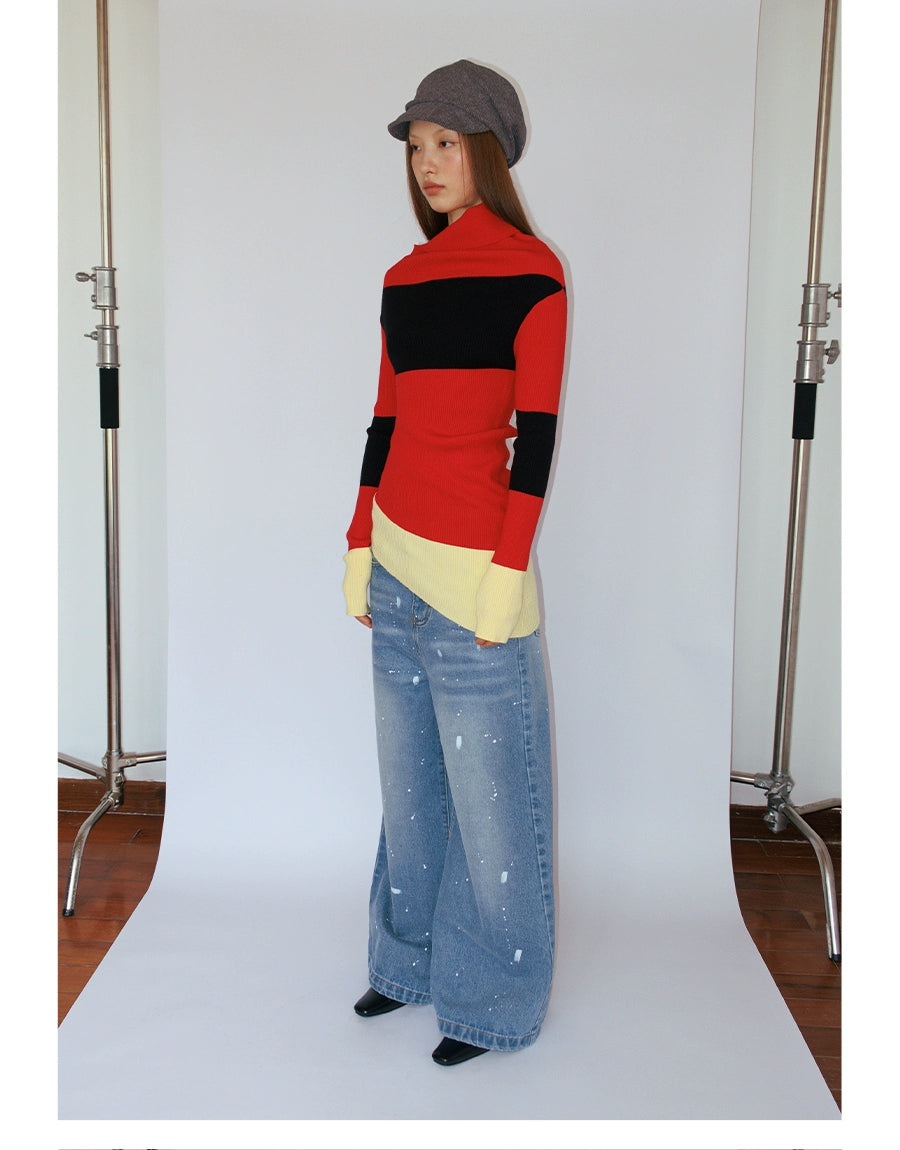 FUNKYFUN Contrasting Color Retro Spliced Slanted Shoulder Knitted Sweater