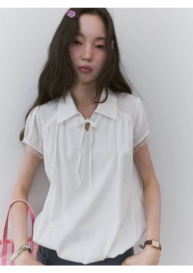 VOOE Lapel Strap Lace Shirt