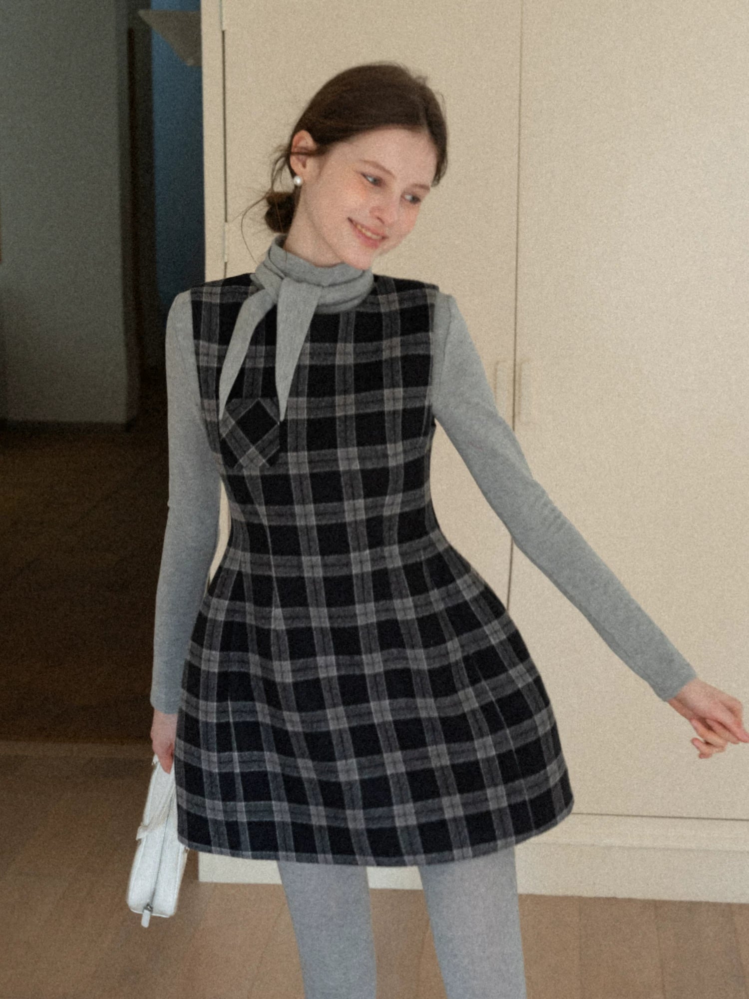 EGGKA Woolen Waist Thin Plaid Vest Dress